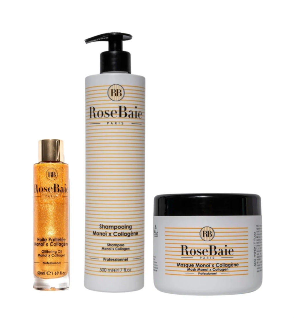 Kit RoseBaie Monoï Collagène 500ml avec Huile pailleté pour le corps